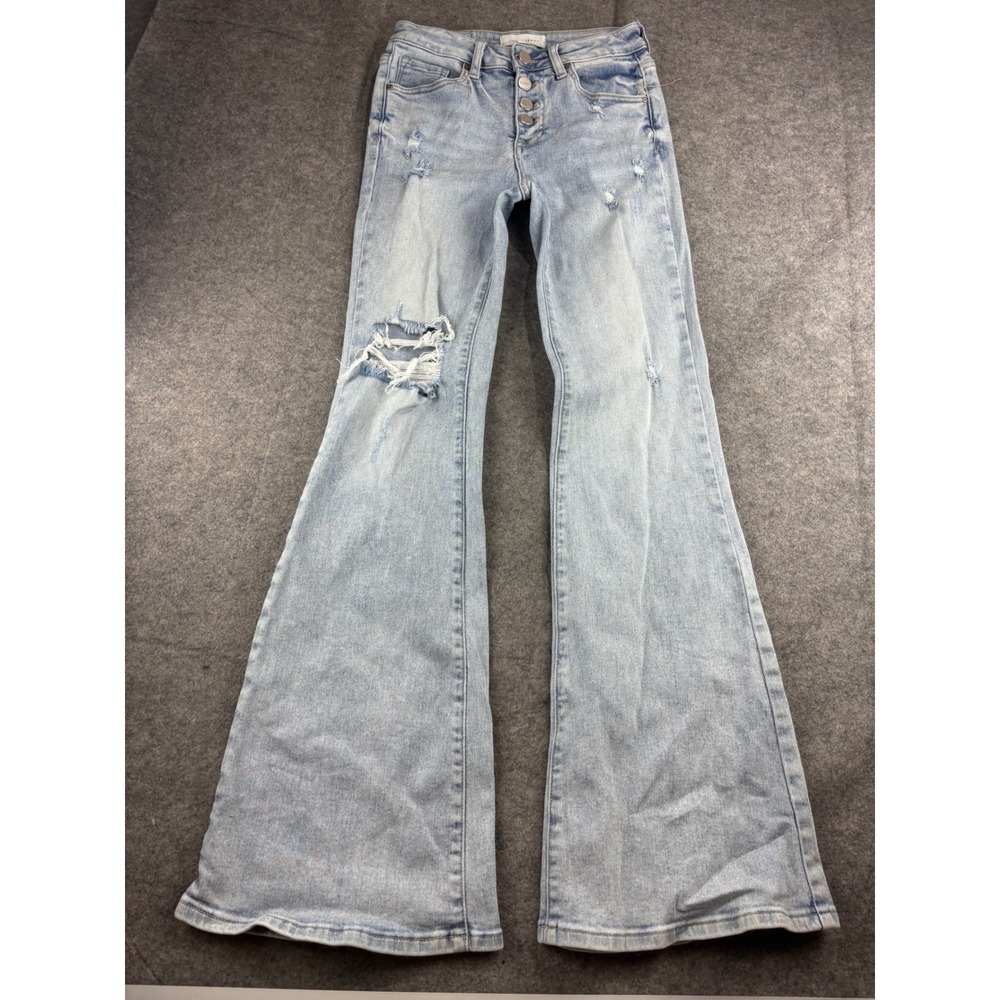Risen Jeans WomenS 3/26 Light Wash Distressed High Rise Flare Button Fly RDPS415
